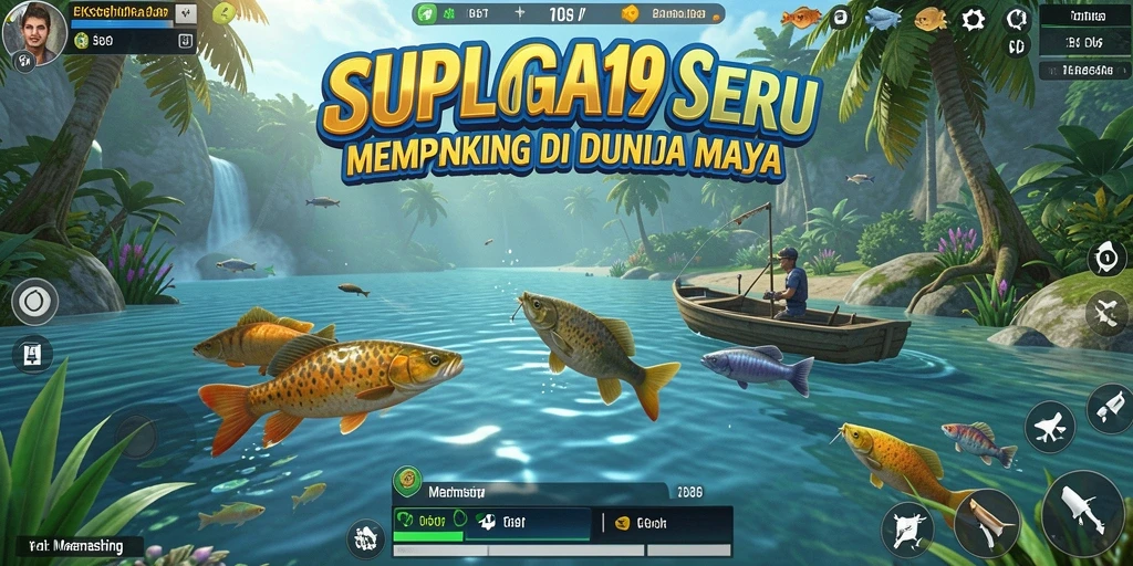 Tampilan antarmuka SURGA19 yang menampilkan suasana memancing yang realistis.